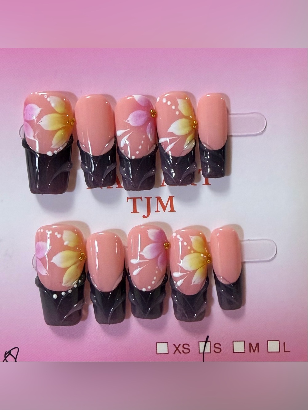 Pink Floral Press-On Nail Set with Black Tips
